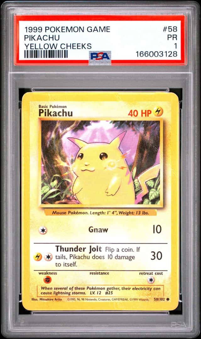 1999 POKEMON BASE SET UNLIMITED YELLOW CHEEKS #58 PIKACHU PSA 1