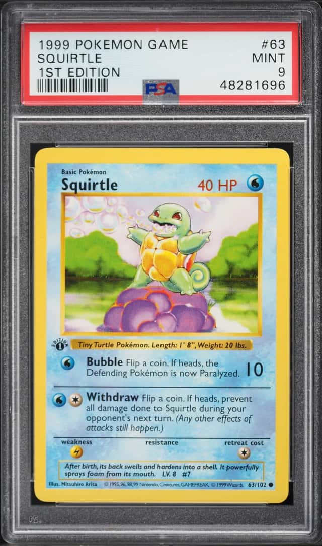 1999 Pokemon Base Set Shadowless 1st Edition Squirtle #63 PSA 9 MINT