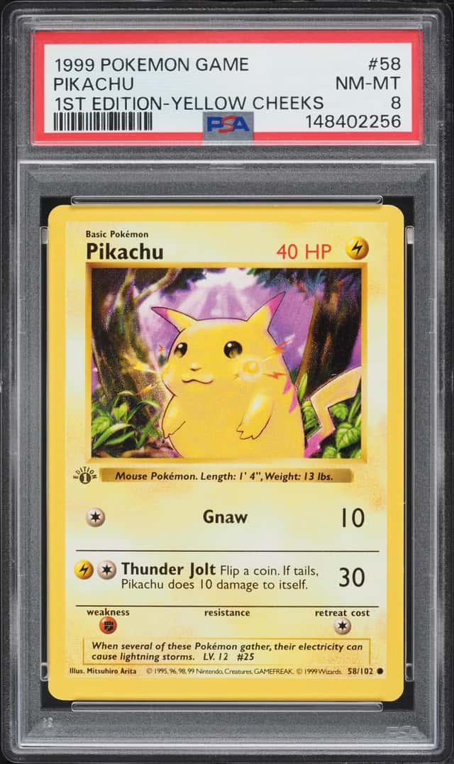 1999 Pokemon Base Set Shadowless 1st Edition Yellow Cheeks Pikachu #58 PSA 8 NM-MT