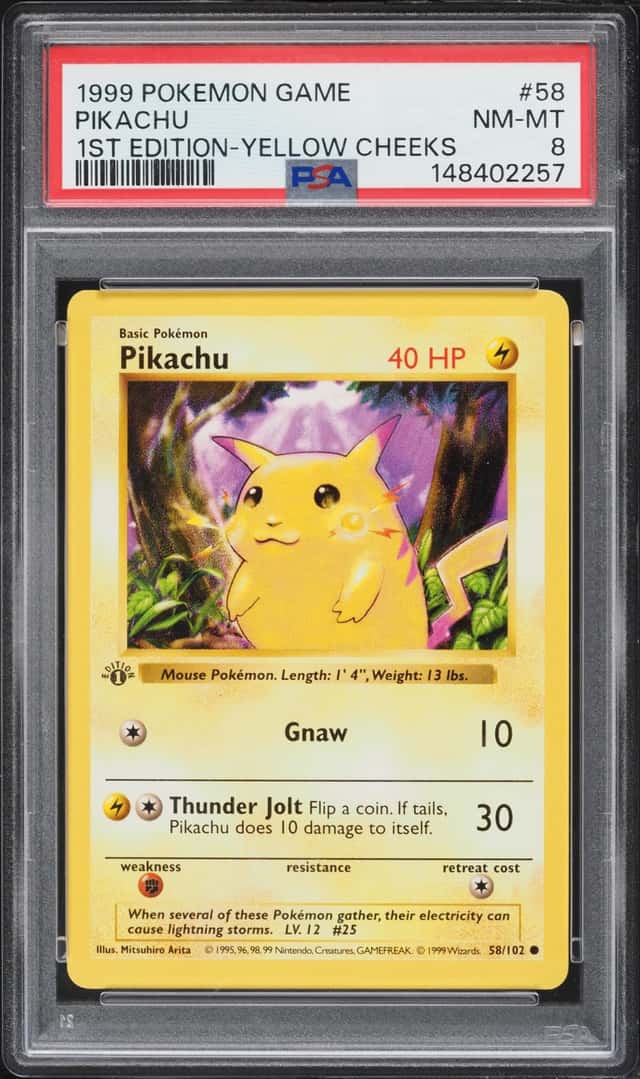 1999 Pokemon Base Set Shadowless 1st Edition Yellow Cheeks Pikachu #58 PSA 8 NM-MT