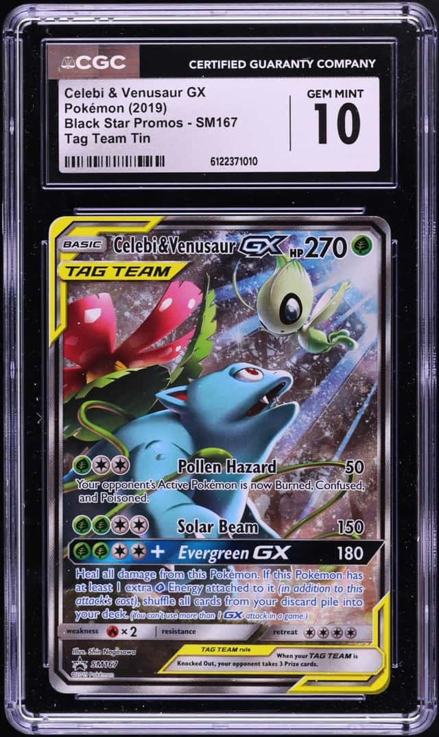2019 Pokemon Sun & Moon Promo Tag Team Tin Full Art Celebi & Venusaur GX #SM167 CGC 10 GEM MINT