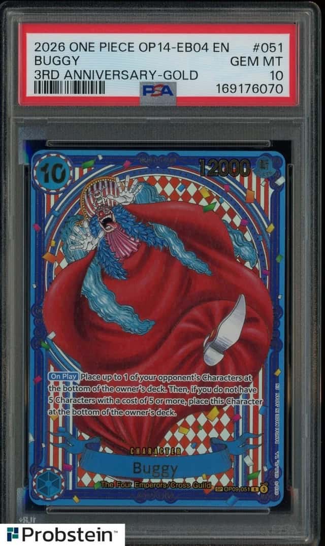 2026 One Piece OP14-EB04 En 3rd Anniversary Gold #051 Buggy PSA 10 GEM MINT