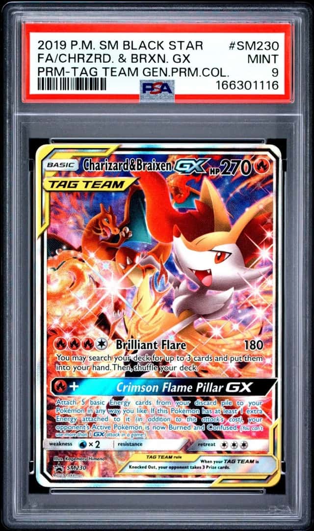 2019 POKEMON SM BLACK STAR PROMO #SM230 FULL ART/CHARIZARD & BRAIXEN GX PSA 9