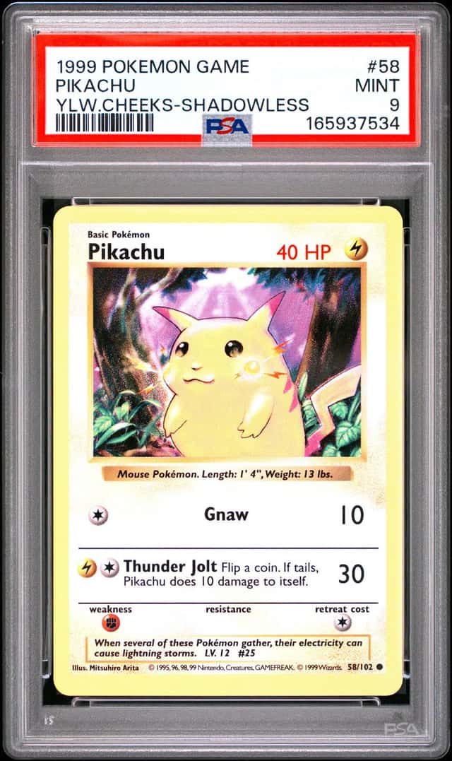 Pokemon 1999 Base Set Shadowless Pikachu Yellow Cheeks #58 PSA 9