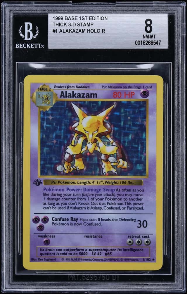 1999 Pokemon Base Set 1st Edition Thick 3-D Stamp Holo Alakazam #1 BGS 8 NM-MT