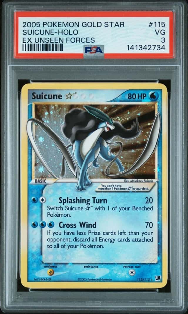 2005 POKEMON EX UNSEEN FORCES GOLD STAR #115 SUICUNE-HOLO PSA 3