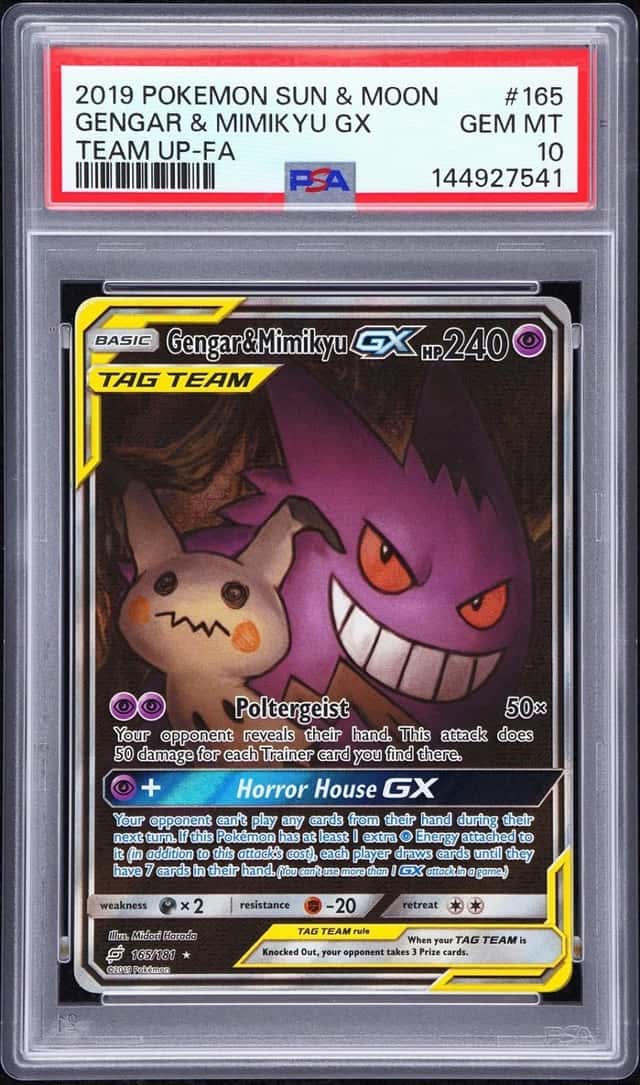 2019 POKEMON SUN & MOON TEAM UP #165 FULL ART/GENGAR & MIMIKYU GX PSA 10