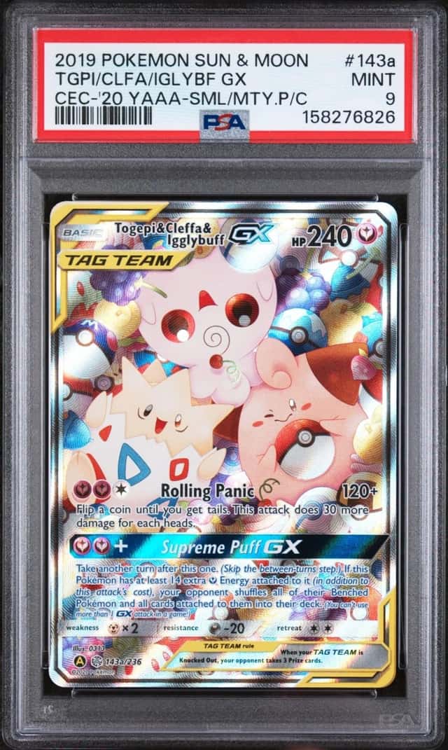 2019 POKEMON SUN & MOON COSMIC ECLIPSE TOGEPI & CLEFFA & IGGLYBUFF GX PSA 9