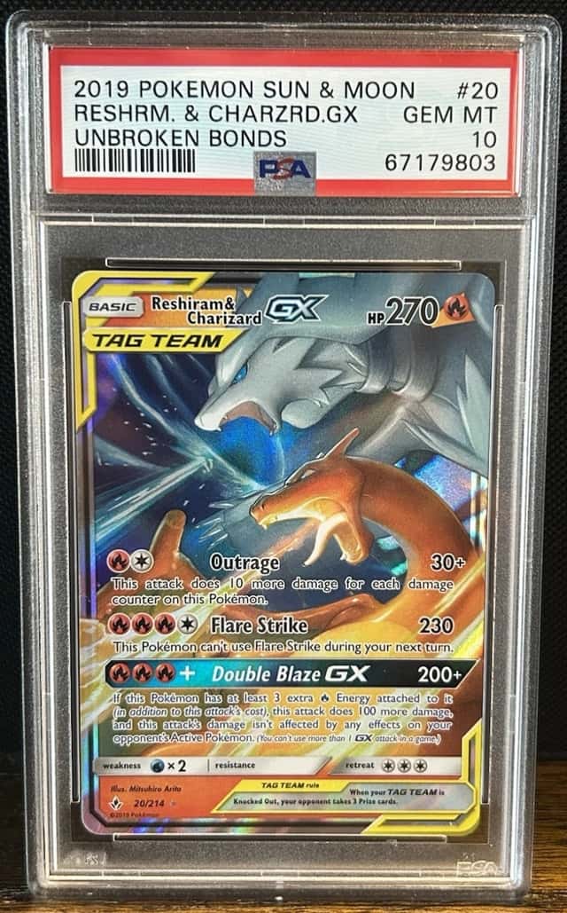 2019 Pokemon S & M, Resharim & Charizard GX Tag Team Unbroken Bonds PSA 10