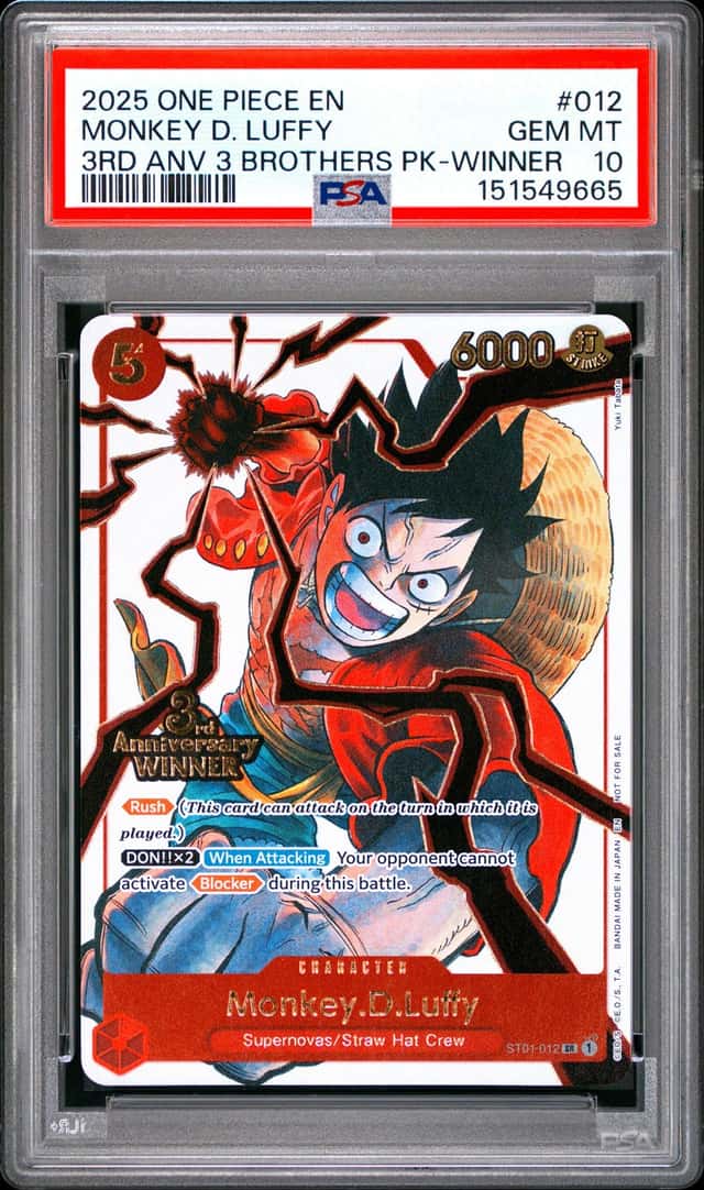 One Piece Monkey D. Luffy 3rd Anniversary 3 Brothers Pk. 012 Winner PSA 10