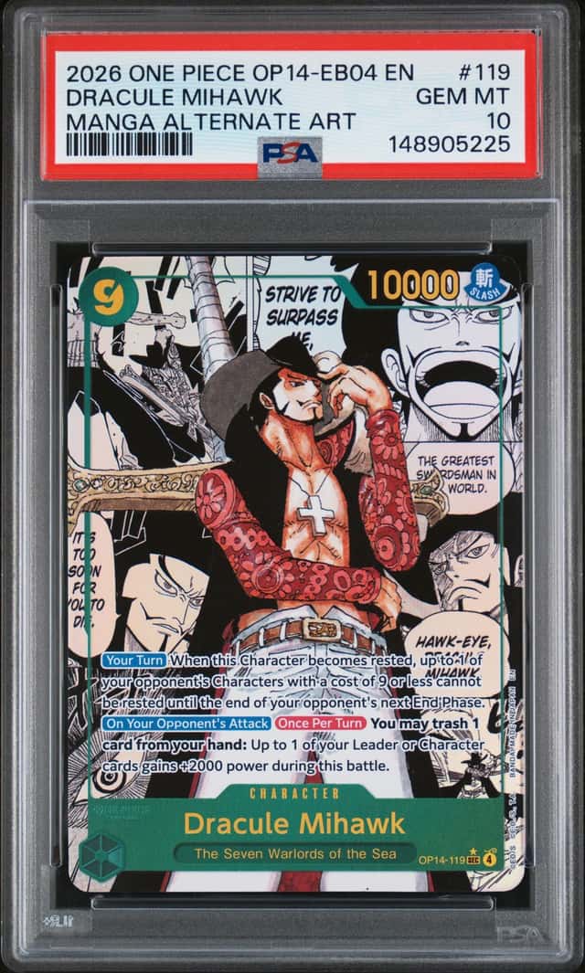 2026 One Piece OP14-EB04 EN #119 Dracule Mihawk Manga Alternate Art PSA 10
