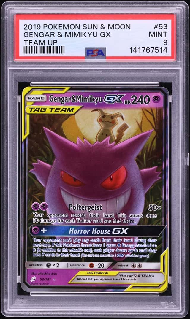 2019 Pokemon Sun & Moon Team Up Holo Gengar & Mimikyu GX #53 PSA 9 MINT