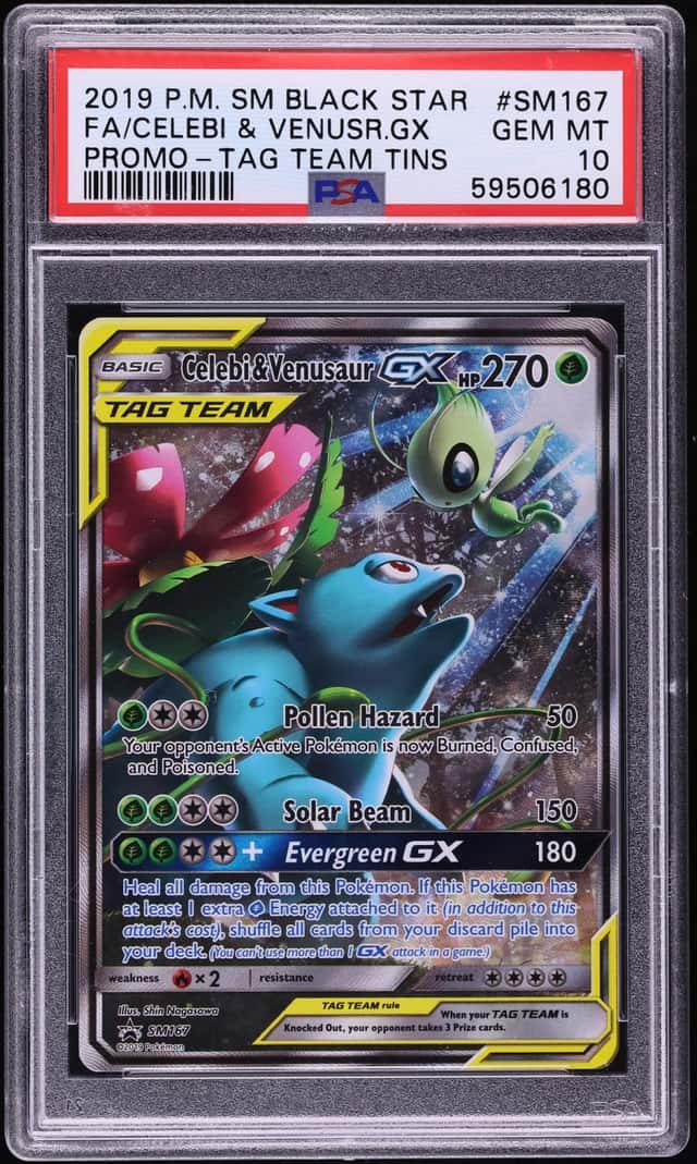 2019 Pokemon Sun & Moon Promo Tag Team Tin Full Art Celebi & Venusaur GX #SM167 PSA 10 GEM MINT