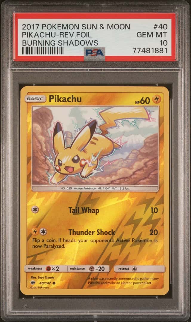 PSA 10 Pokemon 2017 Sun And Moon Pikachu - Rev Foil - Burning Shadows #40