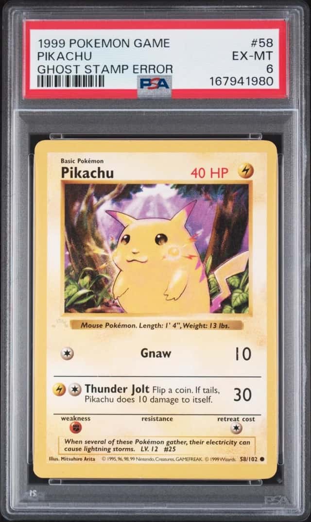 1999 POKEMON BASE SET UNLIMITED GHOST STAMP ERR #58 PIKACHU PSA 6