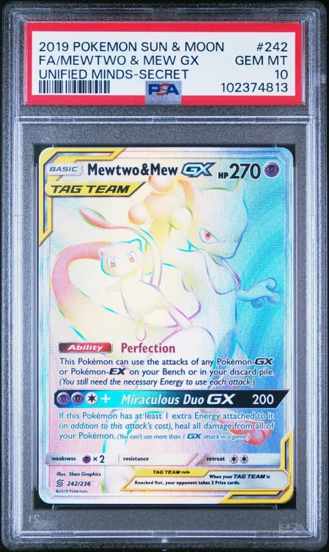 2019 POKEMON SUN & MOON UNIFIED MINDS SECRET FULL ART/MEWTWO & MEW GX PSA 10