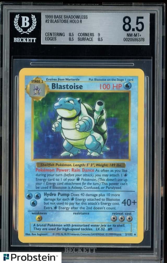 1999 Pokemon Base Set Shadowless #2 Blastoise Holo R BGS 8.5 NM-MT+