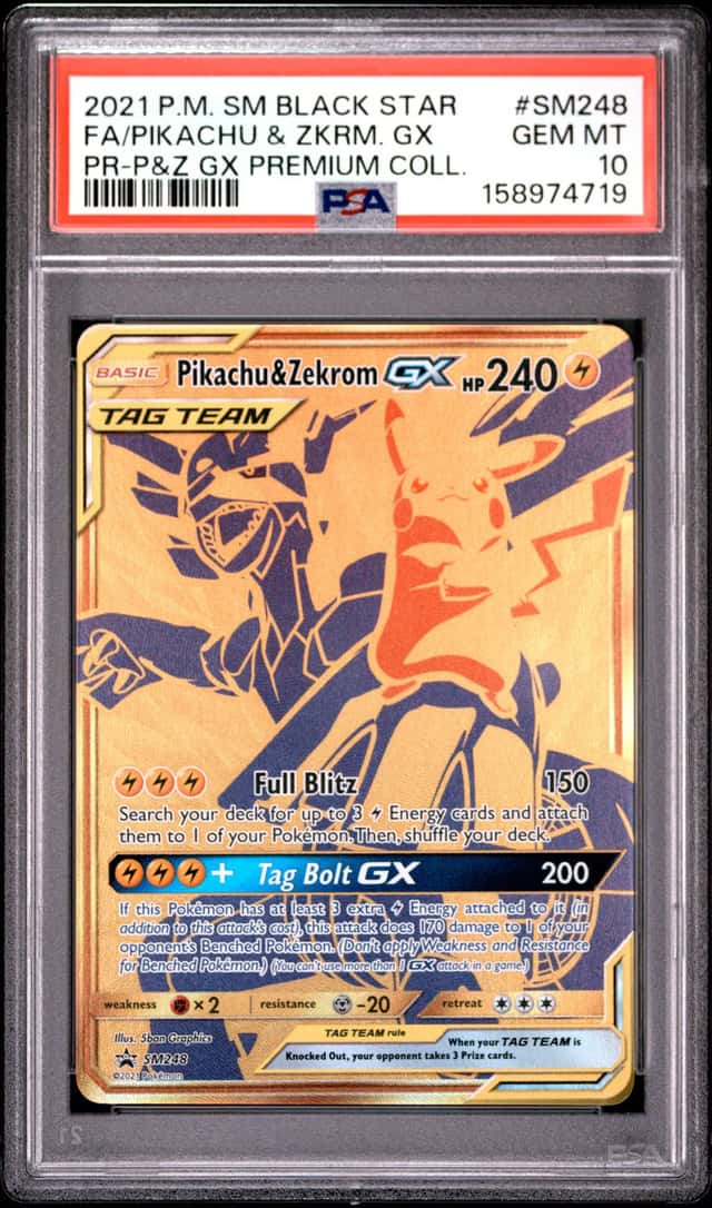 2021 Pokemon SM BSP PR-P&Z GX PREMIUM COLL.#SM248 FA/Pikachu & Zekrom PSA 10