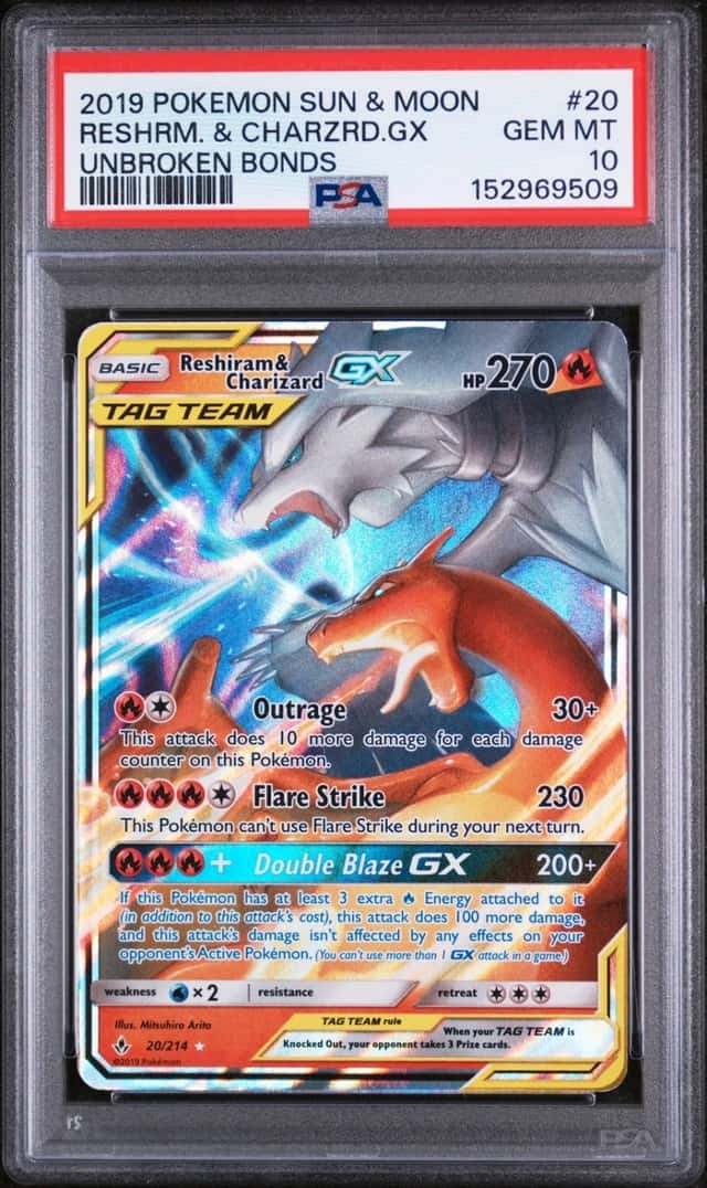 2019 POKEMON SUN & MOON UNBROKEN BONDS #20 RESHIRAM & CHARIZARD GX PSA 10