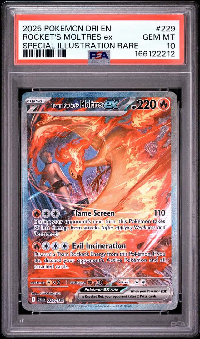 2025 POKEMON DESTINED RIVALS SPECIAL ILLUSTRATION TEAM ROCKETS MOLTRES EX PSA 10