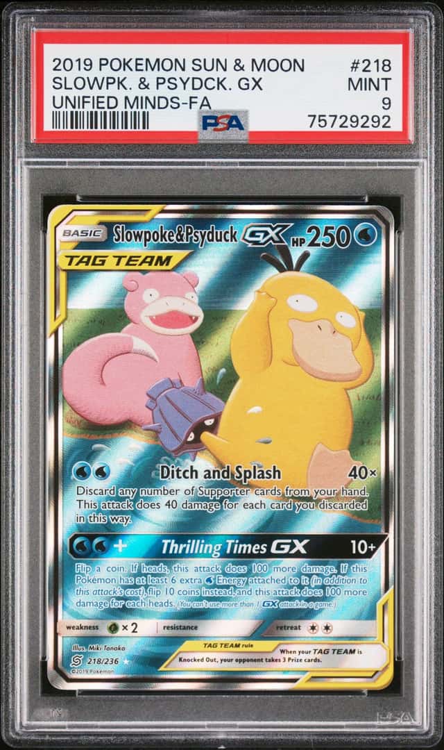 2019 Pokemon Sun & Moon Unified Minds Slowpoke Psyduck Tag Team FA 218/236 PSA 9