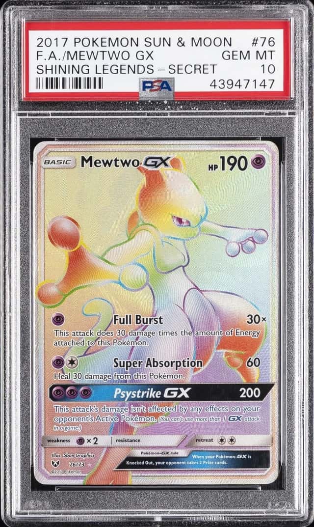 2017 POKEMON SUN & MOON SHINING LEGENDS SECRET #76 FULL ART/MEWTWO GX PSA 10