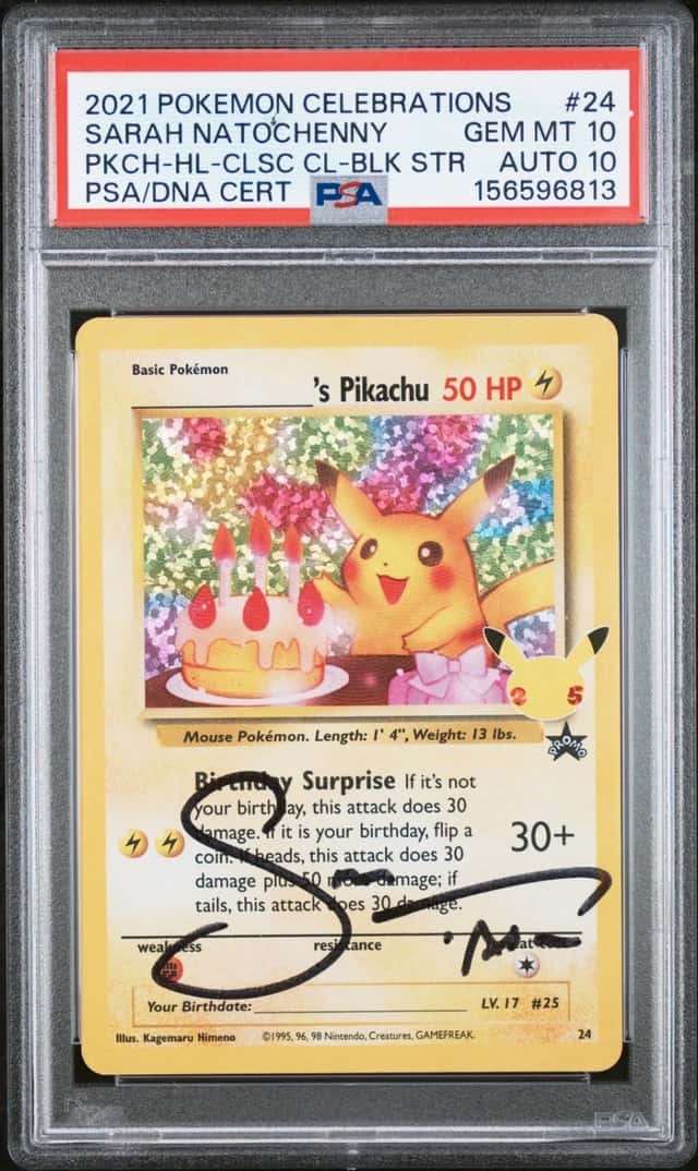 2021 POKEMON CELEBRATIONS BIRTHDAY PIKACHU-HOLO PSA 10 SARAH NATOCHENNY AUTO 10