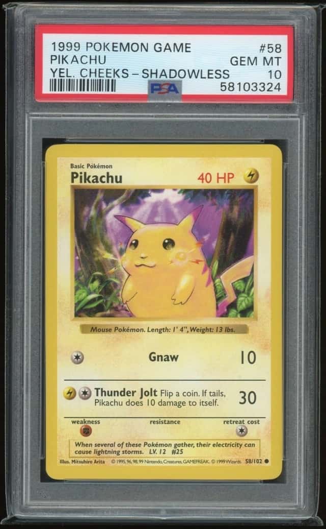 1999 Pokémon Game Yellow Cheeks Shadowless #58 Pikachu PSA 10