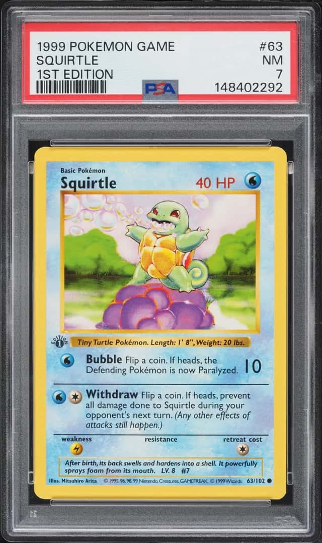 1999 Pokemon Base Set Shadowless 1st Edition Squirtle #63 PSA 7 NRMT