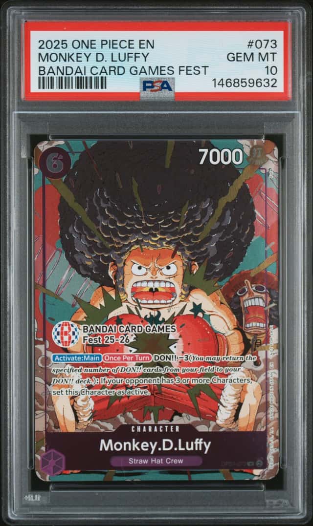 ONE PIECE MONKEY D. LUFFY 2025 PROMOS #073 BANDAI CARD GAMES FEST PSA 10