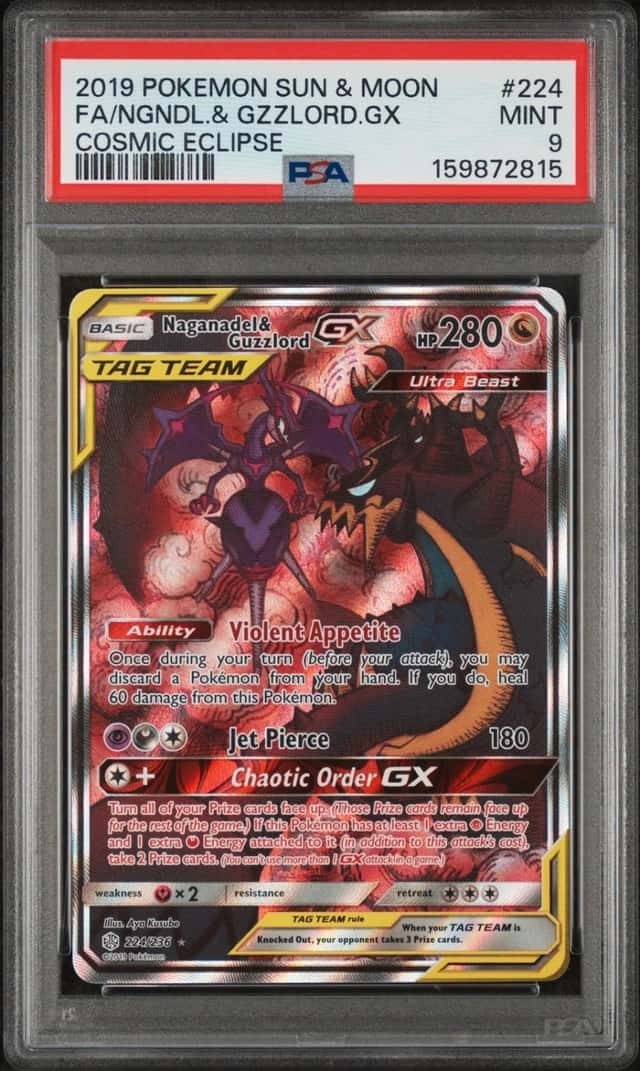 2019 POKEMON SUN & MOON COSMIC ECLIPSE FULL ART/NAGANADEL & GUZZLORD GX PSA 9