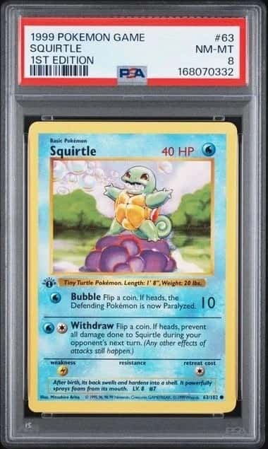 POKEMON BASE SET SHADOWLESS SQUIRTLE 1999 GAME #63 1ST EDITION PSA 8