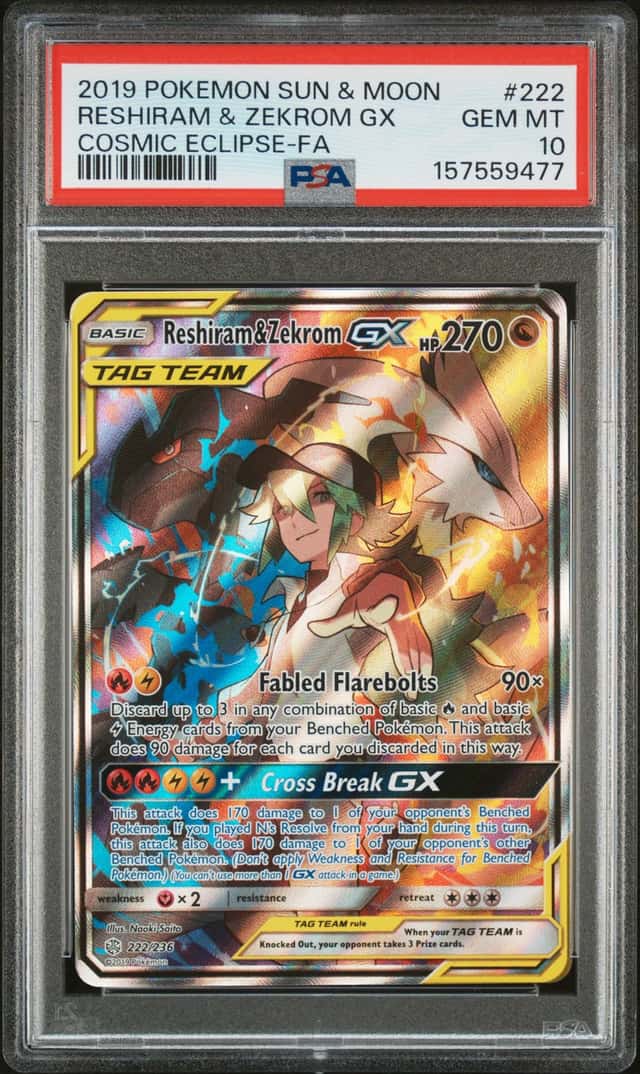 2019 Pokemon Sun & Moon Cosmic Eclipse Reshiram Zekrom Tag Team #222/236 PSA 10