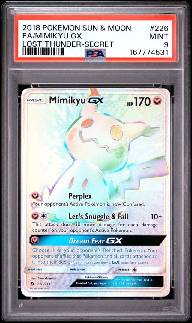 2018 POKEMON SUN & MOON LOST THUNDER SECRET #226 FULL ART/MIMIKYU GX PSA 9