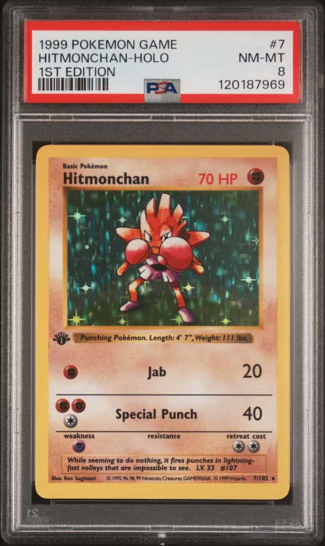 Pokémon TCG Hitmonchan 7/102 Base Set Shadowless 1st Ed Holo PSA 8