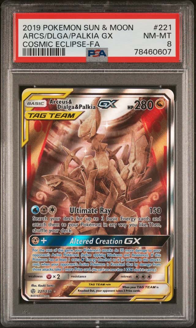2019 Pokemon Sun & Moon Cosmic Eclipse #221 FA Arceus & Dialga & Palkia GX PSA 8