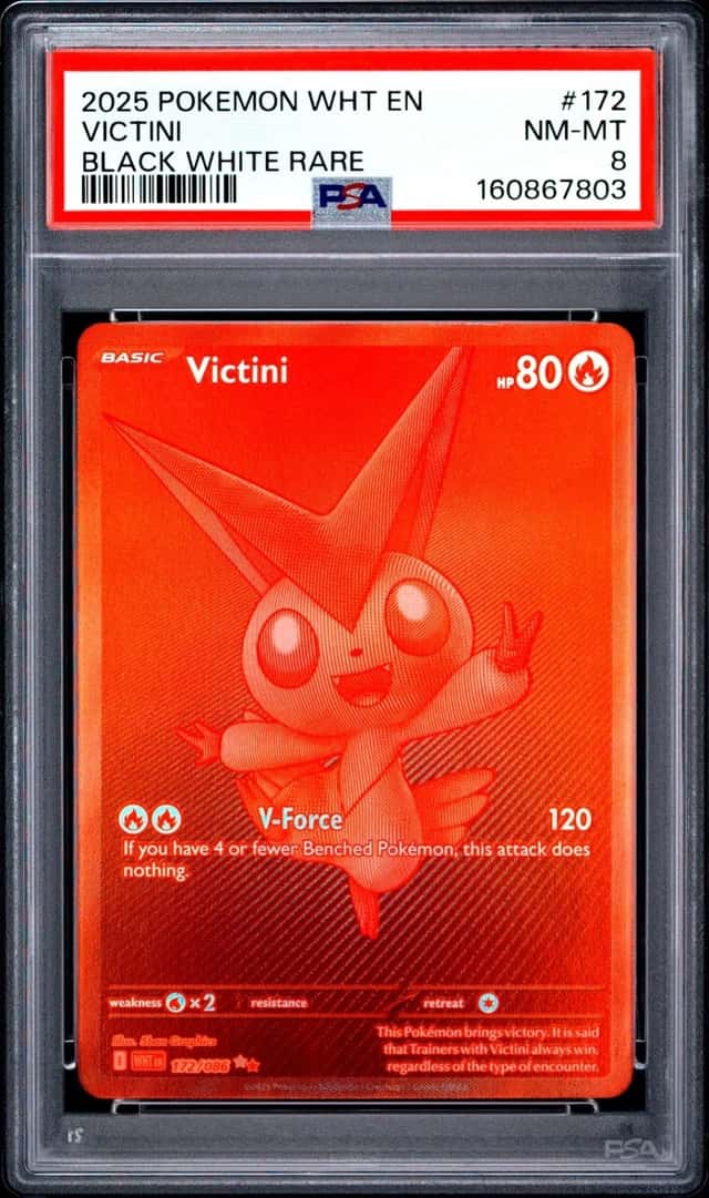 2025 POKEMON WHT EN-WHITE FLARE BLACK WHITE RARE #172 VICTINI PSA 8
