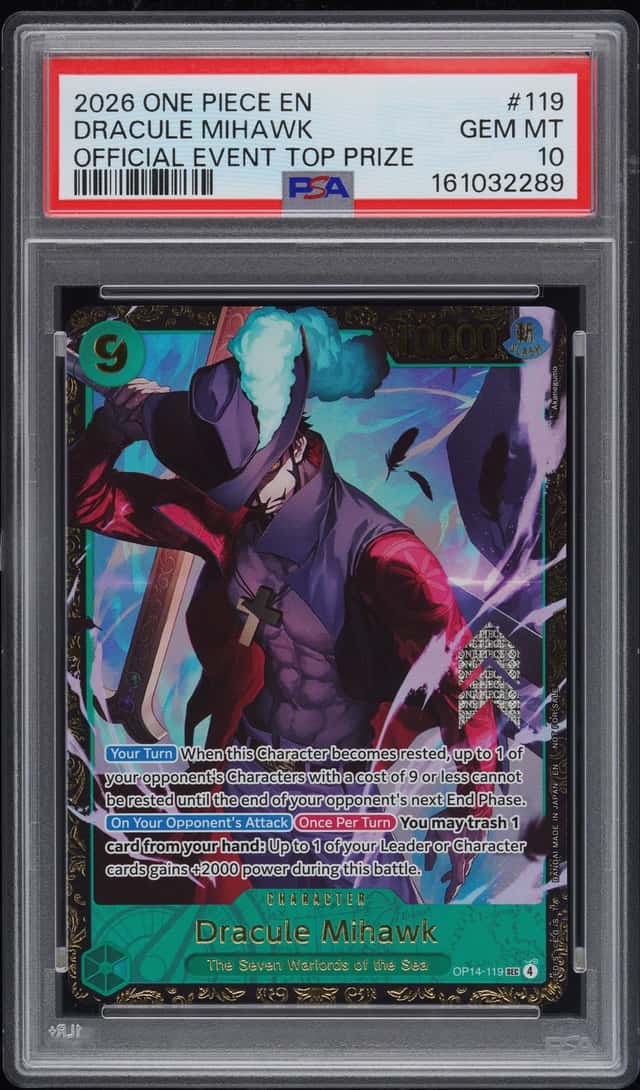 2026 ONE PIECE PROMOS #119 DRACULE MIHAWK OFFICIAL EVENT TOP PRIZE PSA 10