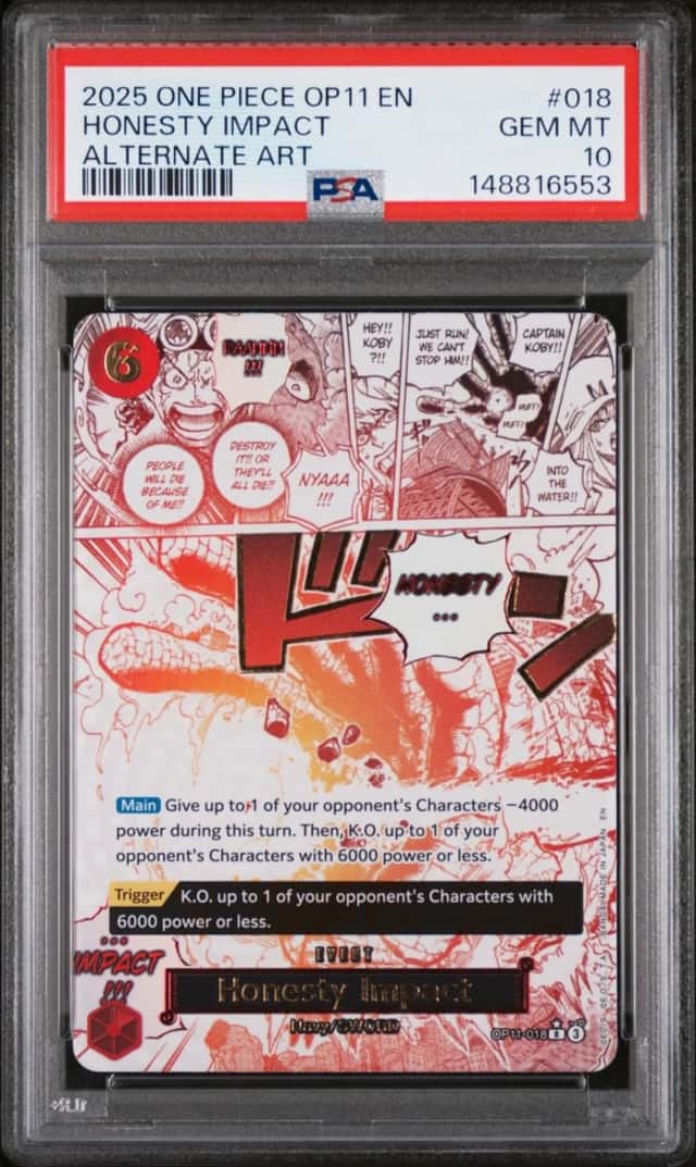 2025 ONE PIECE OP11-A FIST OF DIVINE SPEED ALTERNATE ART HONESTY IMPACT PSA 10