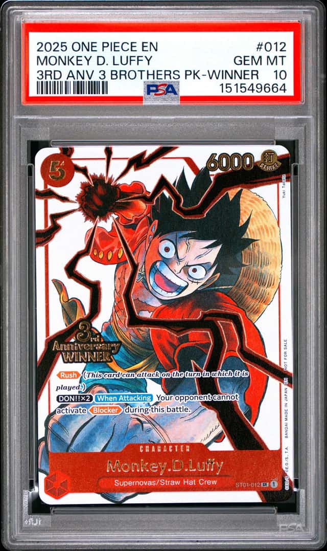 One Piece Monkey D. Luffy 3rd Anniversary 3 Brothers Pk. 012 Winner PSA 10