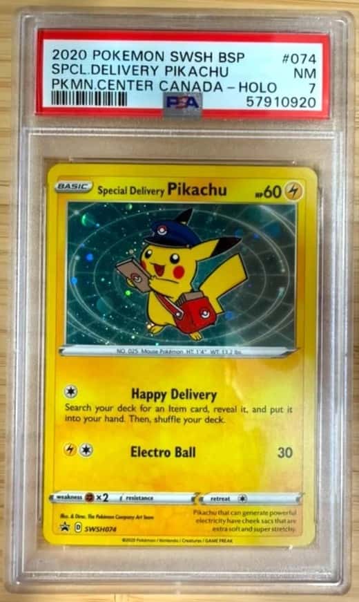 2020 Pokemon SWSH BSP SPCL Delivery Pikachu PKMO Center Canada Holo #074 PSA 7
