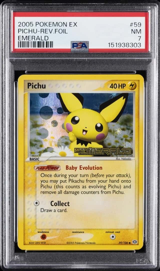 2005 POKEMON EX EMERALD #59 PICHU-REVERSE FOIL PSA 7