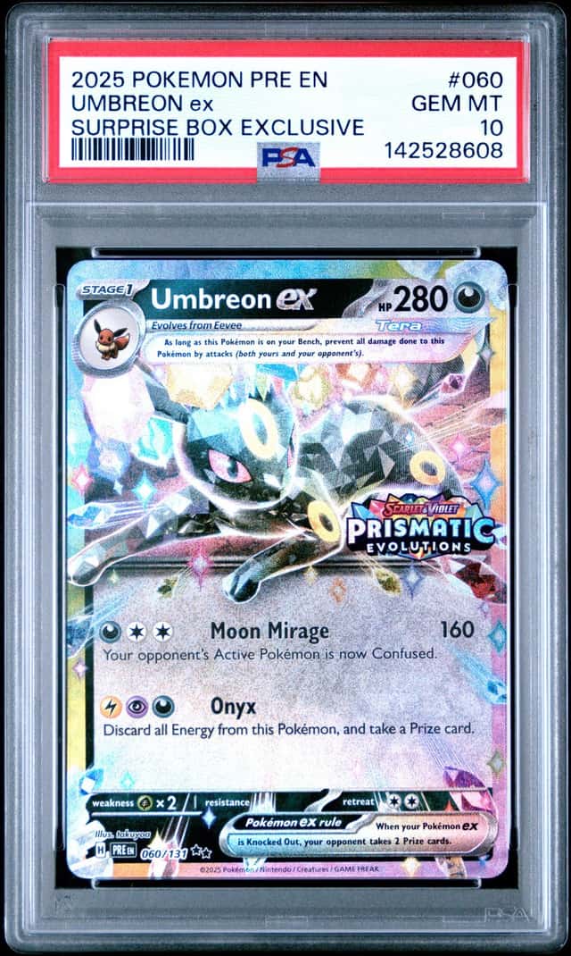 UMBREON 2025 PRISMATIC EVOLUTIONS 060/131 SURPISE BOX STAMP PSA 10 Q4856