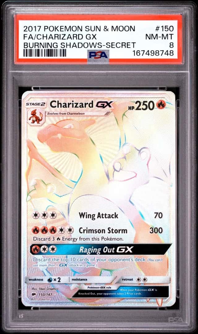 2017 POKEMON SUN & MOON BURNING SHADOWS SECRET #150 FULL ART/CHARIZARD GX PSA 8