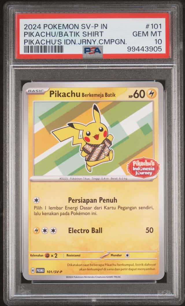 Pokemon Pikachu Berkemeja Batik PSA 10 2024 SV-P Promo Holo Indonesian 101/SV-P