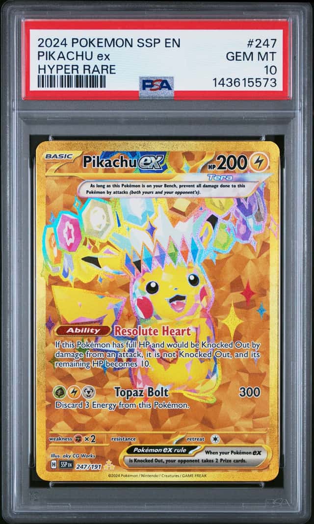 Pokemon 2024 Pikachu ex 247 Tera Gold Hyper Rare Surging Sparks GEM MINT PSA 10