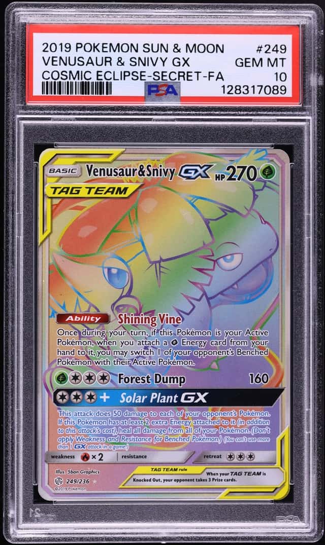 2019 Pokemon Sun & Moon Cosmic Eclipse Rainbow Rare Venusaur & Snivy GX #249 PSA 10 GEM MINT