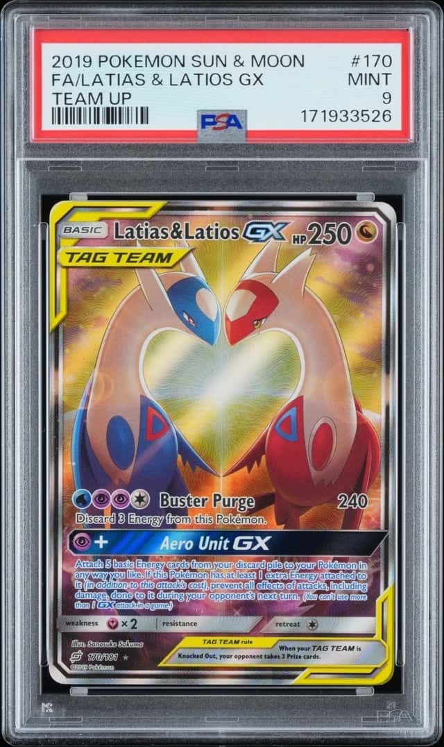 2019 POKEMON SUN & MOON TEAM UP #170 FULL ART/LATIAS & LATIOS GX PSA 9