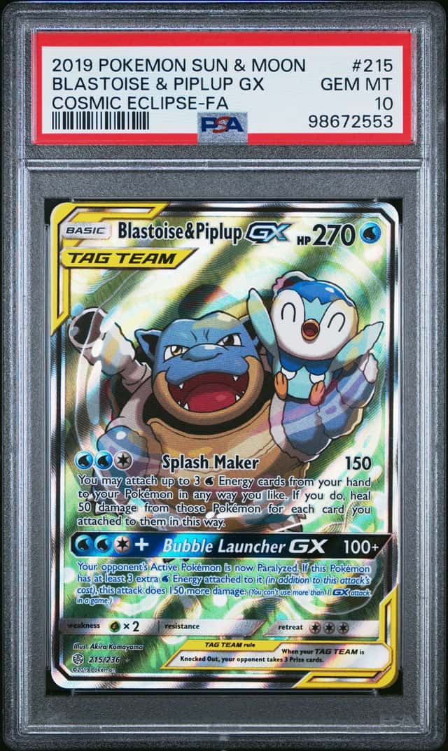 2019 Pokemon Sun & Moon Cosmic Eclipse Blastoise Piplup Tag Team #215/236 PSA 10