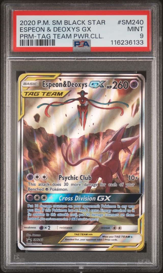 6133 Espeon & Deoxys GX 2020 Pokemon Sun Moon Tag Team Powers Promo #SM240 PSA 9
